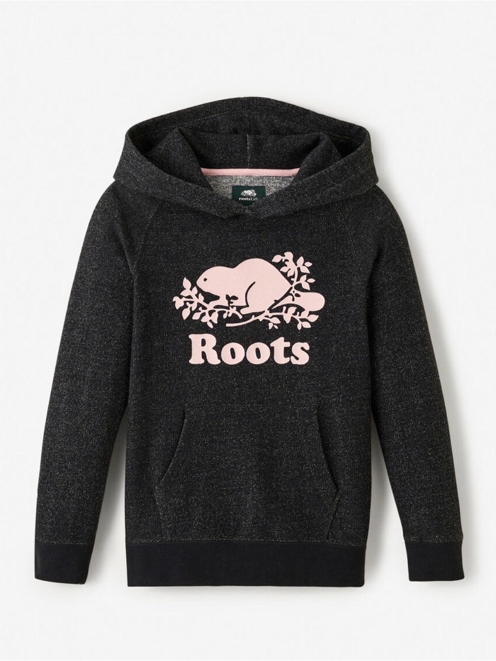 Roots Girls Black Hoodie with Pink Beaver Logo (size 7-8)